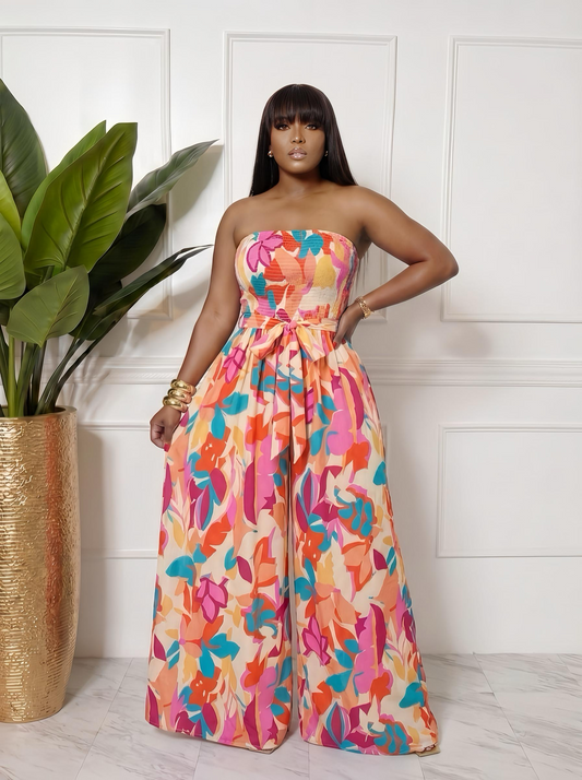Floral Wide Leg Jumpsuit with Tie Belt