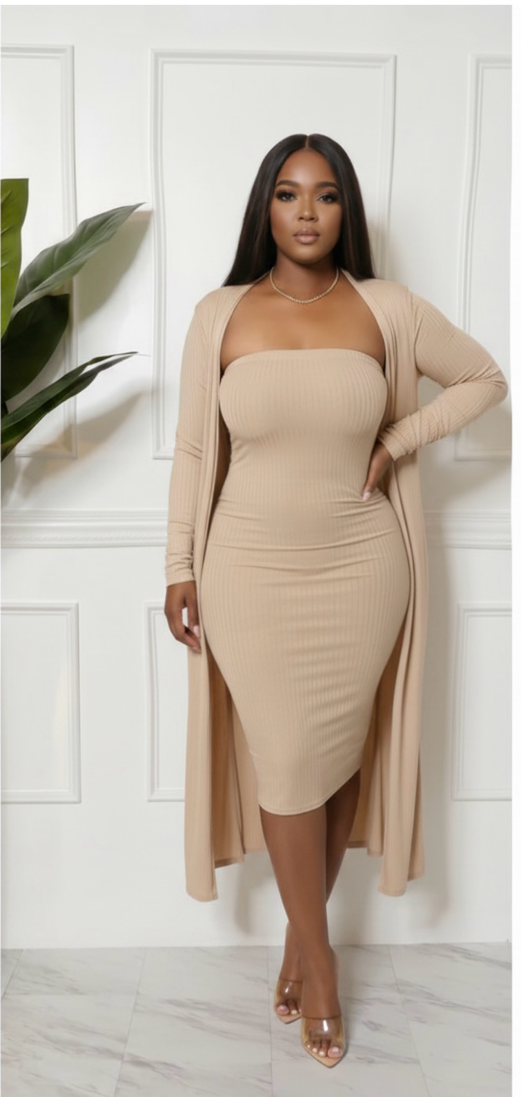 Tube dress with long cardigan