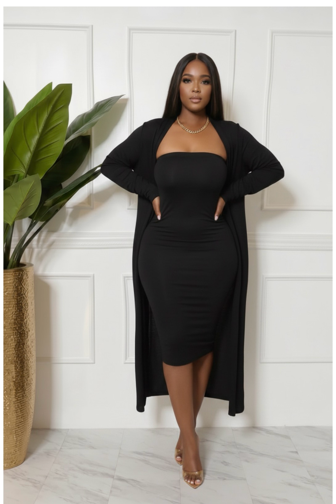 Tube dress with long cardigan