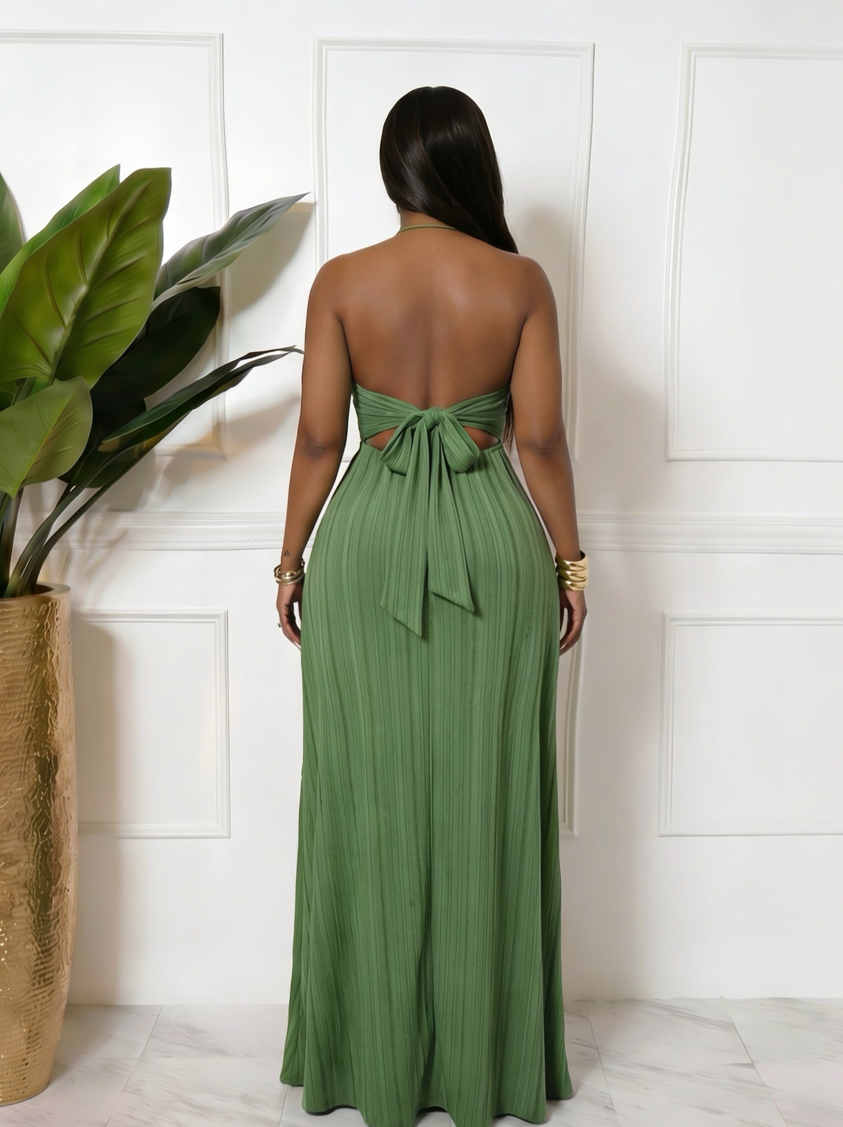 GARDEN OF EDEN PLEATED HALTER MAXI DRESS