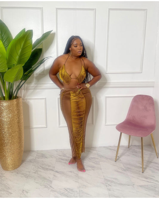 Brown and Gold TASSEL BRALATTE AND SKIRT SET