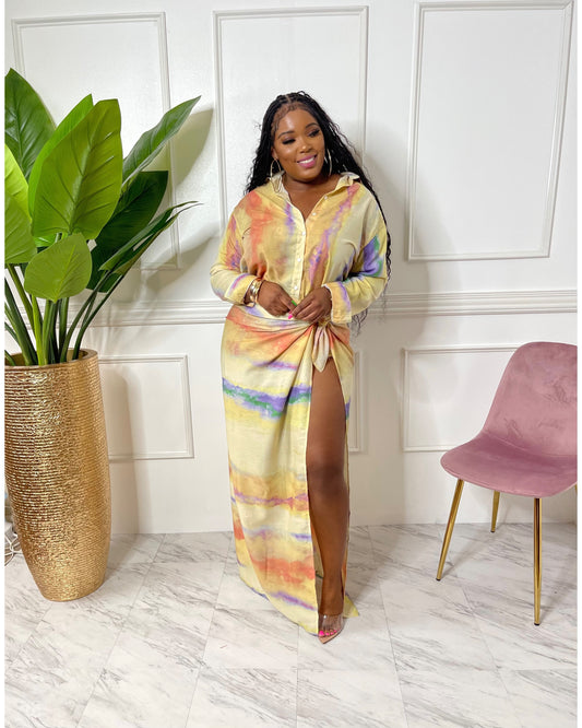 sunset hues button up shirt and wrap skirt