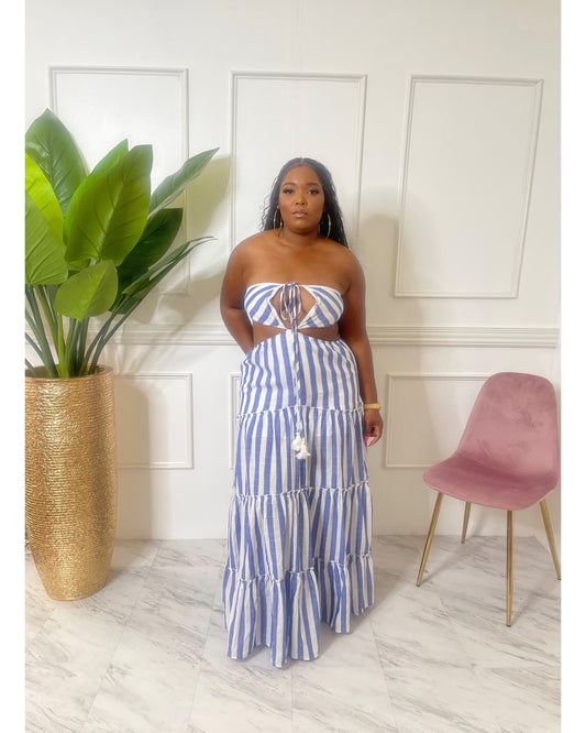 Stripe blue and white halter maxi dress