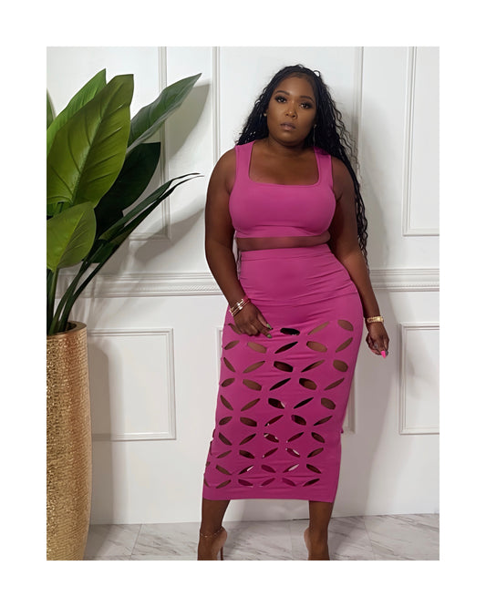 Magneta Cut-out Midi Skirt Set with Crop top