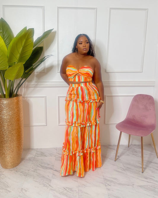 Orange Multicolored Flowy Maxi Tube Skirt Set