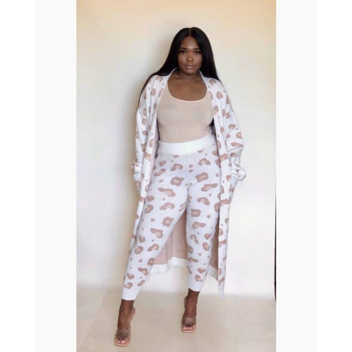 white lounge pants set with long cardigan with leopard print