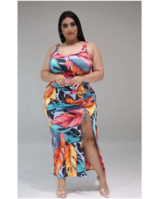 Plus size Tropical Ruched Vacation Dress