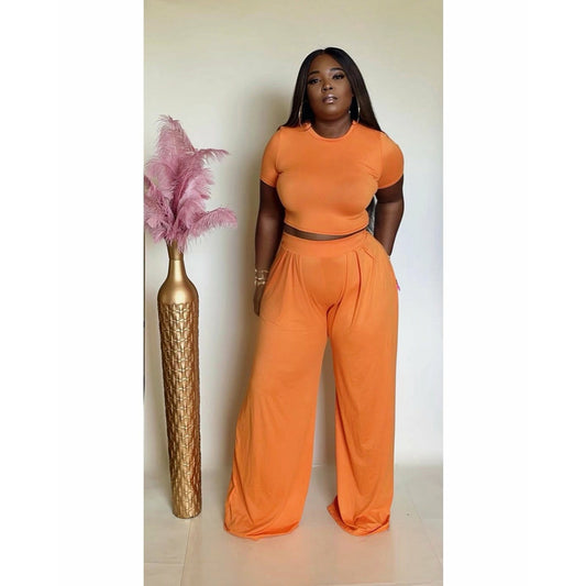 Orange wide leg pants set with crop top