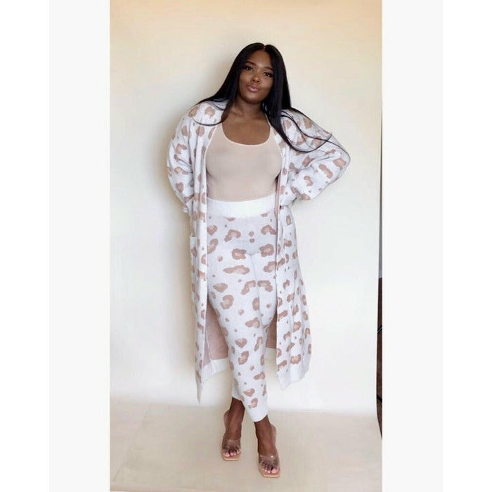 white lounge pants set with long cardigan with leopard print