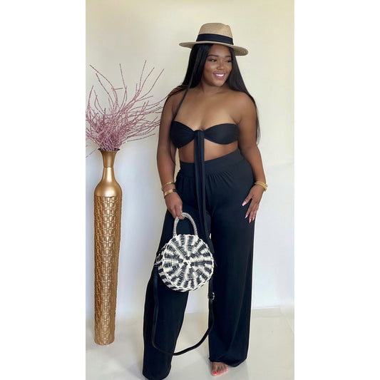 Black Bralette Crop top Wide leg Pants Set