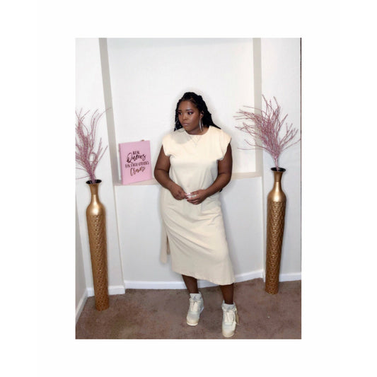 Off white Midi Dress with shoulder pads