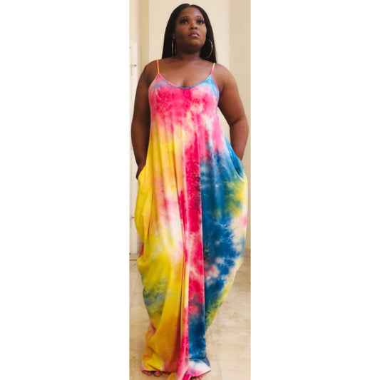 Colorful Tie Dye Maxi Dress with pockets