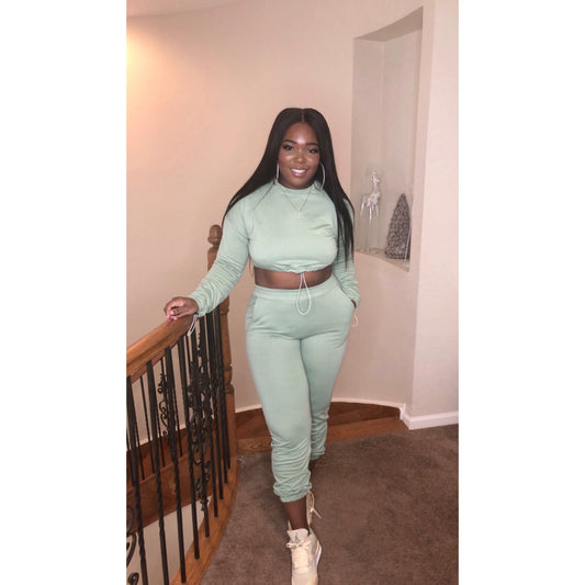 Aqua green crop sweater set with drawstring