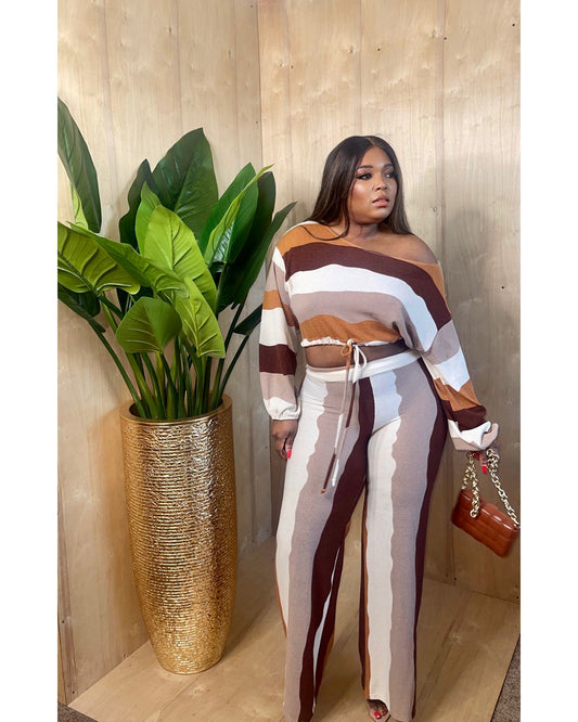 Two piece Stripe Print Cold Shoulder Outfit with Drawstring Top and High Waist Pants
