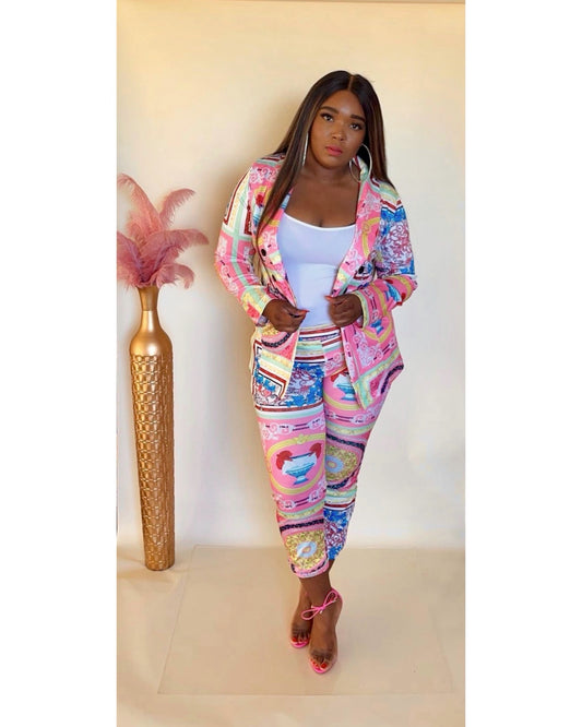 Pink Blazer matching set with abstract print