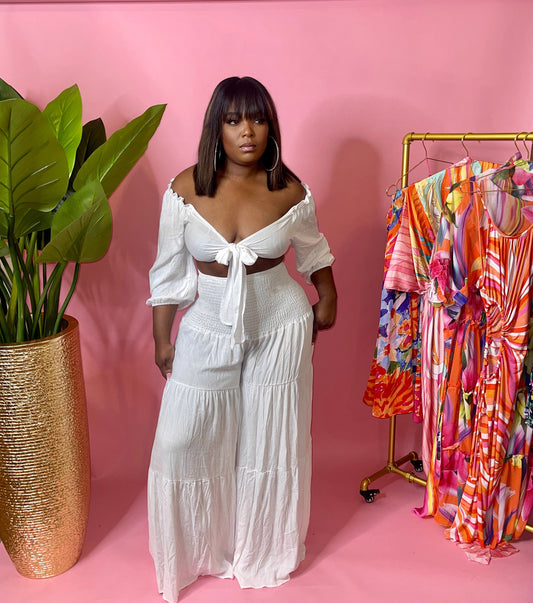 White High waist Wide leg pants set with Tie Up Crop Top