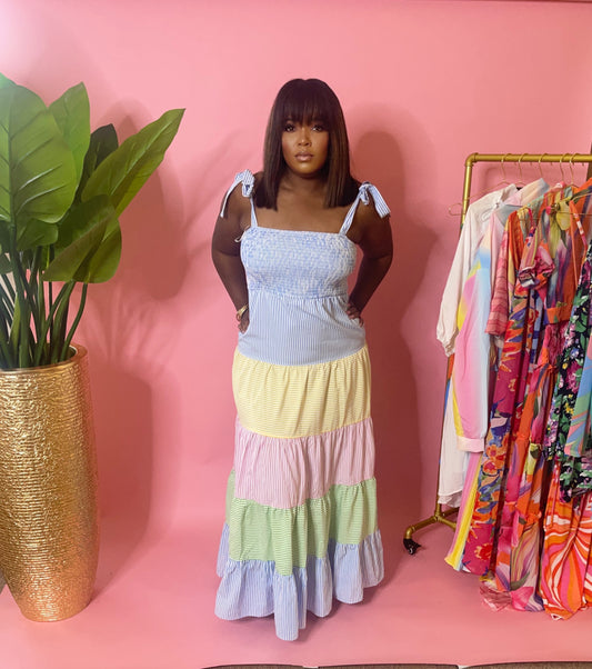 Stripe colorful babydoll maxi dress