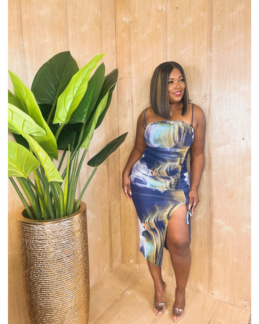 Wavy Navy sheer mesh midi dress