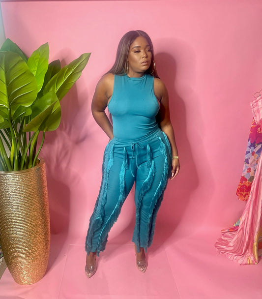 Teal Fringe pants and bodysuit set