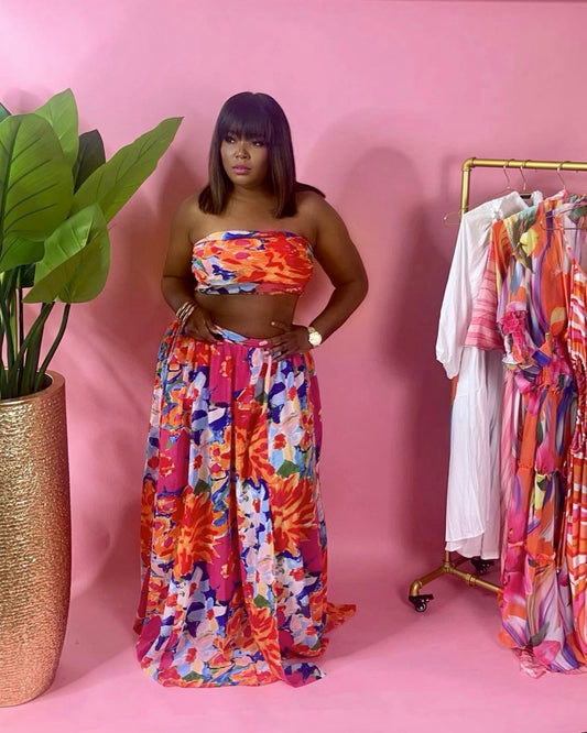 Colorful Floral Maxi Skirt Set with crop top with split
